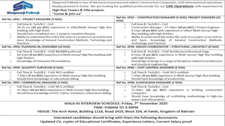 Shapoorji Pallonji UAE Hiring 2025 – Walk-In Interview for Engineers & Managers | Apply Now
