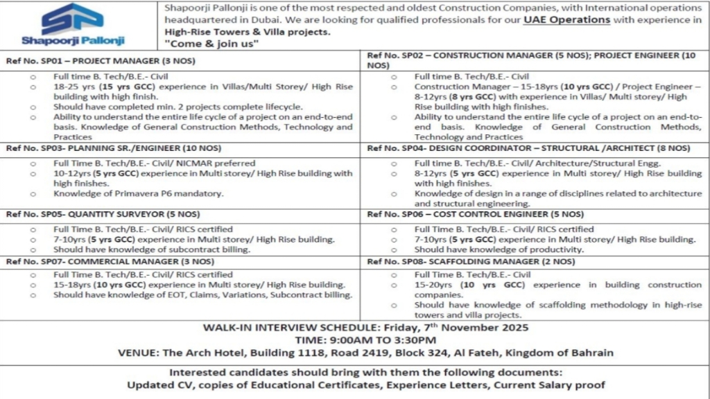 Shapoorji Pallonji UAE Hiring 2025 – Walk-In Interview for Engineers & Managers | Apply Now