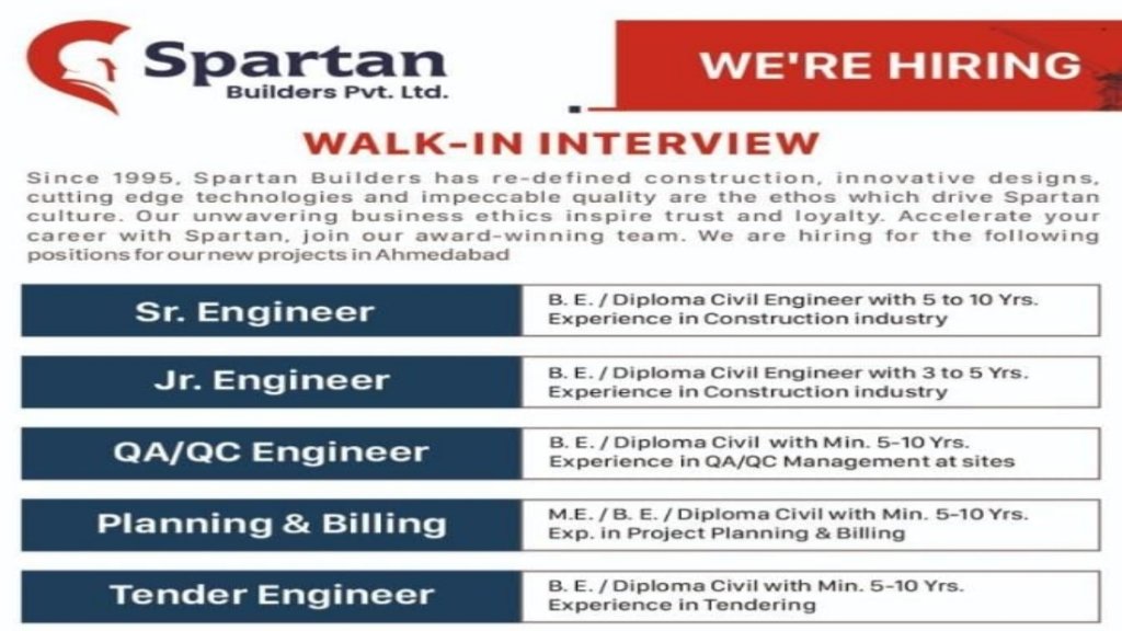 Construction Jobs in Ahmedabad 2026: Spartan Builders Hiring Experienced Civil Engineers