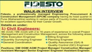 Fidesto Walk-In Interview 2026 in Pune: Civil Engineer, Safety Officer, Procurement & Store Officer Jobs