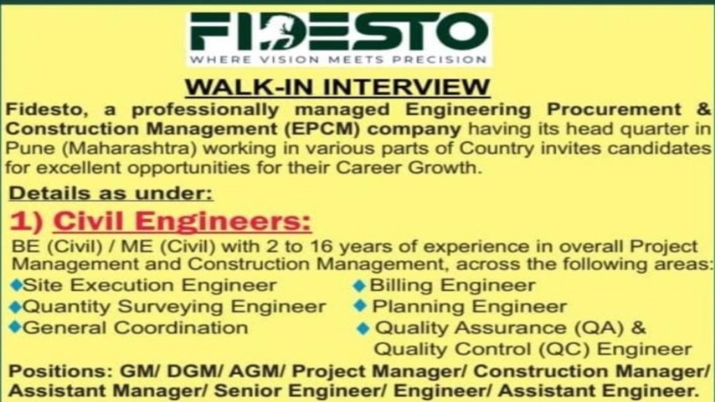 Fidesto Walk-In Interview 2026 in Pune: Civil Engineer, Safety Officer, Procurement & Store Officer Jobs