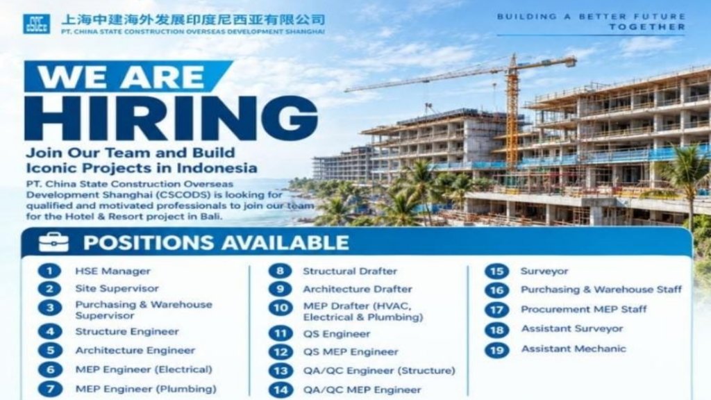 CSCODS Recruitment 2026: 19 Construction Jobs in Bali, Indonesia | Engineers, HSE Manager, Drafter & Surveyor Vacancies
